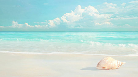Experience the serenity of a tranquil beach scene featuring soft waves lapping against smooth white sand, complemented by a delicate seashell.の素材