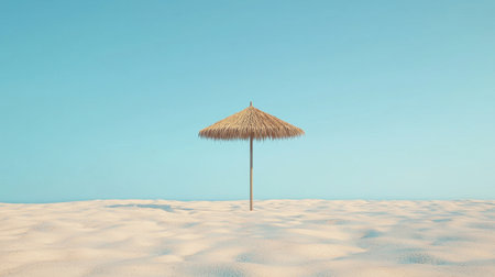 A captivating minimalist beach scene featuring a lone straw umbrella on soft white sand, complemented by a vast blue sky for ultimate tranquility.の素材