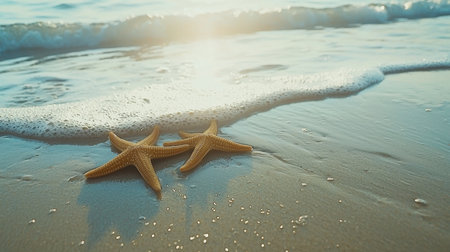 A serene coastal scene featuring two starfish resting on wet sand as gentle waves wash over the shore at sunrise. The soft light creates a tranquil atmosphere perfect for nature lovers.の素材