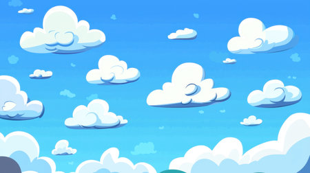 A charming illustration of a bright blue sky adorned with fluffy white clouds, creating a serene atmosphere ideal for various designs.の素材