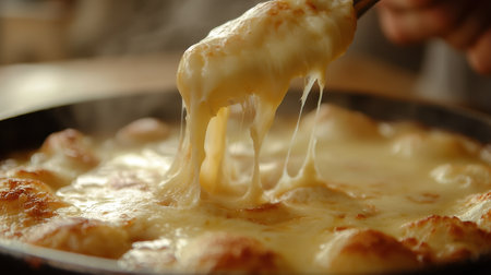 Experience the delightful sight of a cheese pull from a freshly baked dough dish, exuding warmth and comfort in a cozy kitchen.の素材