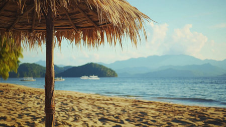 A stunning beach scene featuring a straw umbrella providing shade on golden sand, with clear water and distant mountains creating a serene ambiance.の素材