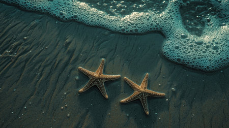 A serene coastal scene featuring two starfish resting on sandy beach with gentle waves and foamy water, capturing nature's beauty and tranquility.の素材
