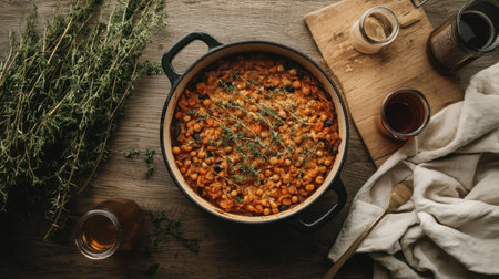 A mouthwatering lentil dish featuring fresh herbs sits in a rustic bowl on a wooden table, evoking warmth and comfort. Perfect for hearty meals.の素材