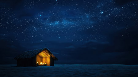 A peaceful scene featuring a rustic cottage illuminated by warm light under a starry night sky, creating a serene atmosphere by the calm sea.の素材