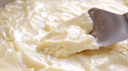 A close-up of rich buttercream frosting displays its smooth, creamy texture as it sits on a spatula. Ideal for baking enthusiasts seeking inspiration for desserts.の素材