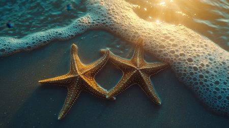 A tranquil scene featuring two starfish resting on a sandy beach at sunset, with gentle waves rolling in and creating a serene atmosphere.の素材