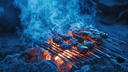 Skewers of meat cook over an open flame, surrounded by blue smoke and glowing embers, creating an atmosphere of outdoor culinary delight.の素材