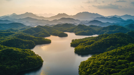 An enchanting aerial view showcases serene forested mountains encircling a shimmering lake at sunset, highlighting nature's beauty and tranquility.の素材
