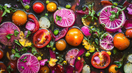 A vibrant collection of fresh vegetables and herbs arranged against an olive oil background, showcasing a colorful culinary art display perfect for salads and healthy meals.の素材