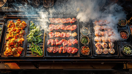 A vibrant outdoor barbecue scene featuring grilled chicken and fresh vegetables, surrounded by smoke and colorful ingredients. Perfect for food lovers.の素材