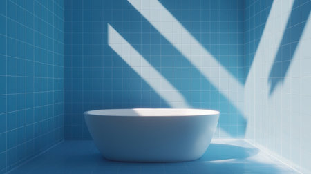 This minimalist bathroom features a sleek white bathtub set against a serene blue tiled wall. Natural light streams through, creating stunning shadow patterns.の素材