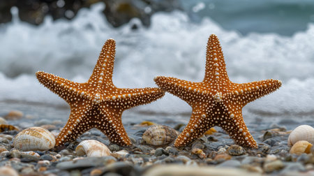 Two vibrant orange starfish rest among pebbles at the beach, with gentle ocean waves lapping nearby under a clear blue sky.の素材