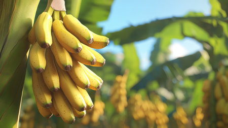 A vibrant scene featuring fresh ripe yellow bananas hanging from a tree in a lush tropical setting. This image captures the beauty of nature and healthy living.の素材