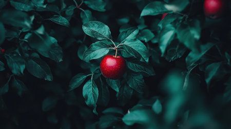 A stunning close-up of a ripe red apple nestled among lush green leaves, capturing the essence of nature's bounty and freshness.の素材