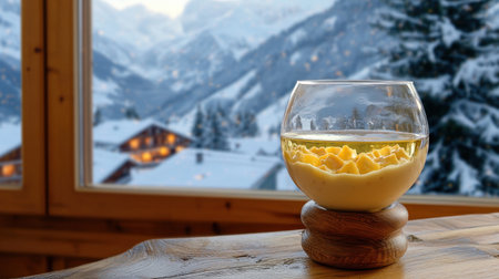 This cozy winter beverage in a glass bowl against a snowy mountain backdrop offers a perfect warm escape for holiday relaxation.の素材