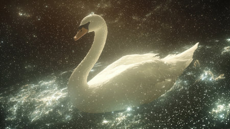 A stunning depiction of a swan gracefully floating in a cosmic space filled with glowing stars and dreamlike effects, capturing tranquility and beauty.の素材