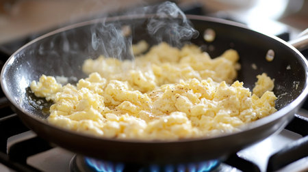 A close-up view of creamy scrambled eggs being cooked in a black non-stick pan, with steam rising over a bright flame, capturing the essence of breakfast.の素材