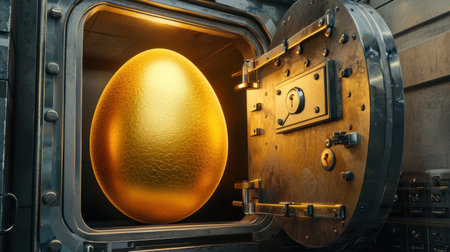 This captivating image features a gleaming golden egg nestled within a high-security vault. The impressive lighting highlights the metallic finish, embodying themes of wealth and luxury.の素材
