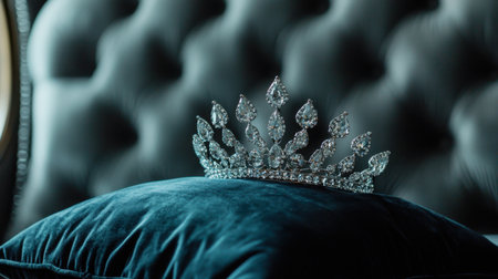 Discover an exquisite diamond tiara elegantly showcased on a plush velvet cushion, embodying luxury and sophistication in a lavish setting.の素材