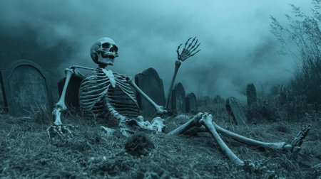 A solitary skeleton lounges in a misty graveyard, nestled among weathered tombstones. The eerie atmosphere evokes themes of death and mystery, perfect for Halloween-themed projects.の素材