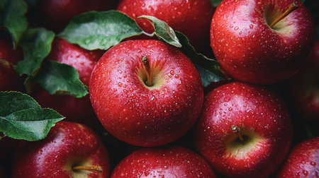 A close-up view of fresh red apples adorned with water drops, nestled among green leaves, illustrating freshness and vibrancy in a natural setting.の素材