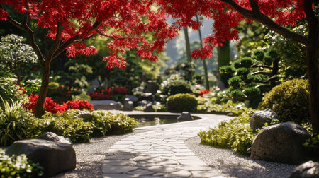 A picturesque pathway winds through a tranquil garden, featuring vibrant red trees and lush greenery. The scene evokes peace and natural beauty.の素材