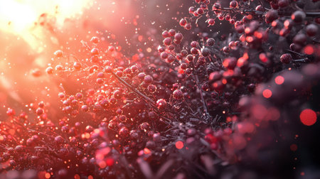 A captivating close-up of dewy berries illuminated by a warm sunset light. The scene evokes a dreamy, tranquil atmosphere, showcasing nature's enchanting beauty.の素材