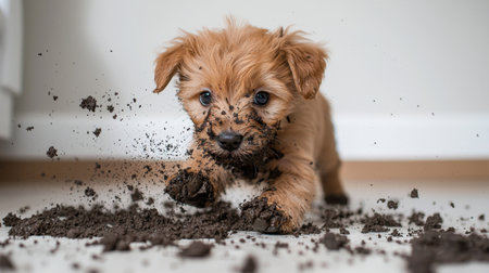 A cheerful puppy energetically digs into the dirt, creating a delightful mess in a clean indoor space. Its playful spirit shines through the dirt-covered fur, embodying joy and curiosity.の素材