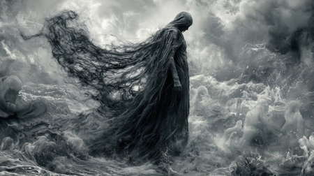 Ethereal and mysterious figure surrounded by a dramatic sea and misty landscape, capturing emotions and themes of solitude and reflection.の素材
