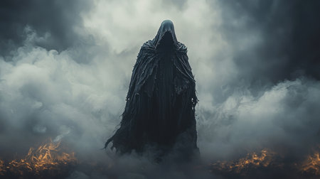 A haunting hooded figure stands amid swirling fog and flickering flames, creating a chilling atmosphere of suspense and mystery.の素材