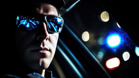 A nighttime scene featuring a focused police officer in sunglasses, gazing from within a patrol vehicle. Blue and red lights create a dramatic atmosphere, conveying authority and vigilance.の素材