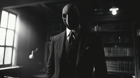 A captivating image of a mysterious figure in a dark room, wearing a mask and formal attire, creating an atmosphere full of intrigue and tension.の素材