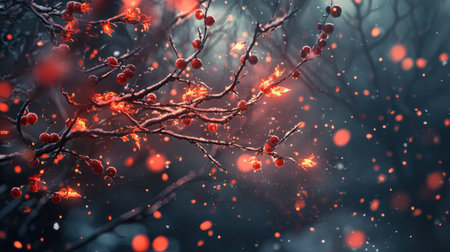 Experience the enchanting beauty of winter with red berries glowing in a mystical forest scene, complemented by gently falling snowflakes.の素材