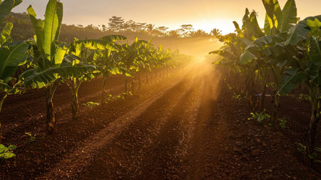 A breathtaking view of a banana plantation bathed in golden sunlight at sunrise, highlighting the vibrant leaves and earthy soil.の素材