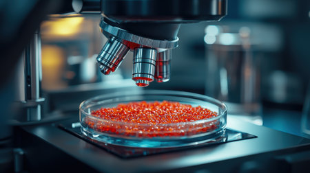 A microscope focuses on vibrant red cultured gems in a petri dish, symbolizing research and discovery in a modern laboratory setting.の素材