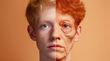 This image presents a compelling visual of a young boy and an elderly man, illustrating the journey of life and the effects of aging. The striking contrast captures the essence of time and human experience.の素材