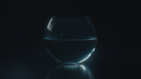 A stunning glass bowl filled with crystal clear water, softly illuminated against a dark background, creating a serene and minimalist atmosphere.の素材