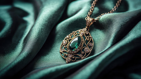 This stunning vintage pendant necklace features a captivating green gemstone set in intricate metalwork, showcased on soft satin fabric. Perfect for elegance.の素材