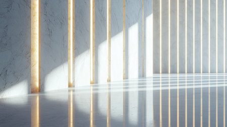 A captivating minimalist interior scene showcasing natural light illuminating a smooth floor and textured wall. The interplay of shadows creates a serene atmosphere, perfect for modern design inspiration.の素材