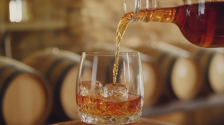 A close-up of fine whiskey being poured over ice in a glass, set against a rustic backdrop of oak barrels, perfect for distillery or tasting events.の素材