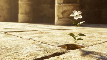 A delicate white flower emerges through a stone floor in sunlit ancient ruins, representing resilience and the beauty of nature amid historical remnants.の素材