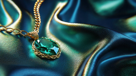 An elegant gold necklace featuring a stunning emerald gemstone set against a backdrop of luxurious turquoise silk fabric, radiating sophistication.の素材