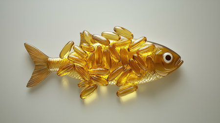 A visually striking representation of a fish crafted from yellow gel capsules, emphasizing artistic creativity and modern design. This unique artwork stands out with its intricate details and vibrant hues, making it suitable for various creative projects.の素材