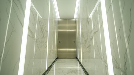 A minimalist view of a modern elevator interior featuring shiny marble walls and soft ambient lighting, ideal for architectural and design themes.の素材