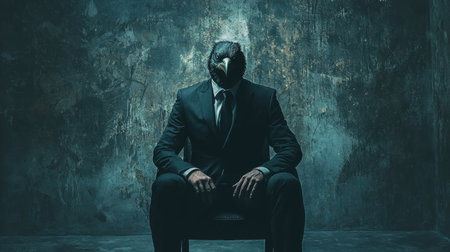 A striking visual representation of a man in a suit with a bird head, embodying themes of identity and surrealism in a shadowy environment.の素材