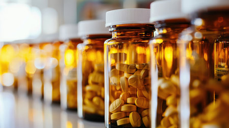 A colorful array of amber glass containers filled with yellow capsules creates a vibrant display in a pharmacy or health store.の素材