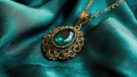 This exquisite gold pendant features a large blue gemstone, beautifully crafted with intricate detailing, placed on lush green satin fabric.の素材