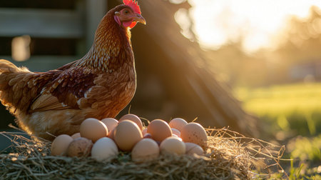 A serene scene features a hen standing proudly over her nest of fresh eggs during a warm sunset. This picturesque moment highlights the essence of farm life and animal nurturing.の素材