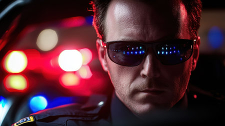 This striking image captures a police officer wearing sunglasses with intense focus. The reflection of blue and red lights creates a dramatic atmosphere.の素材